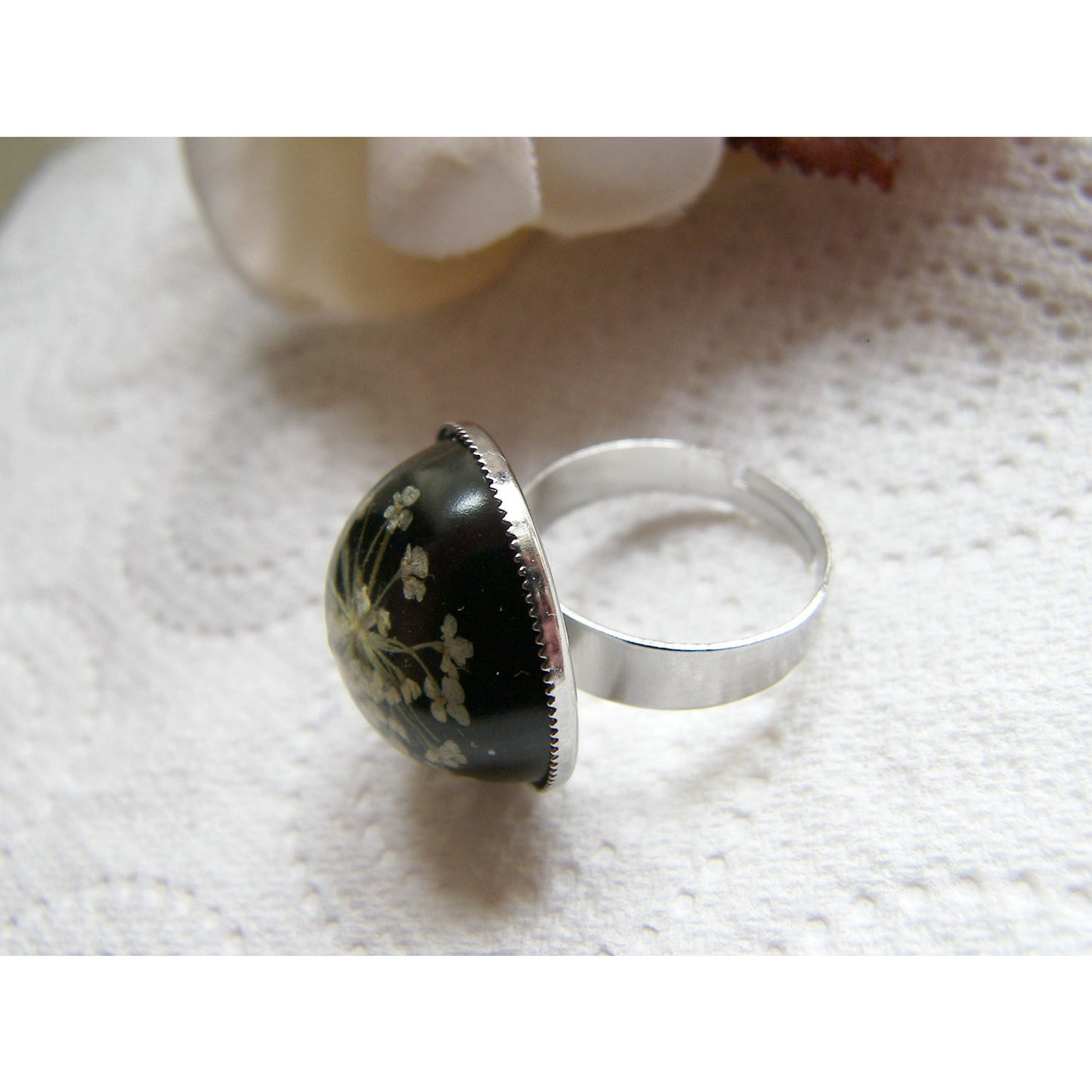 Eco Friendly Ring, Lace Flower, Pressed Flower Jewelry, Eco Chic, Christmas, Snowflake Ring