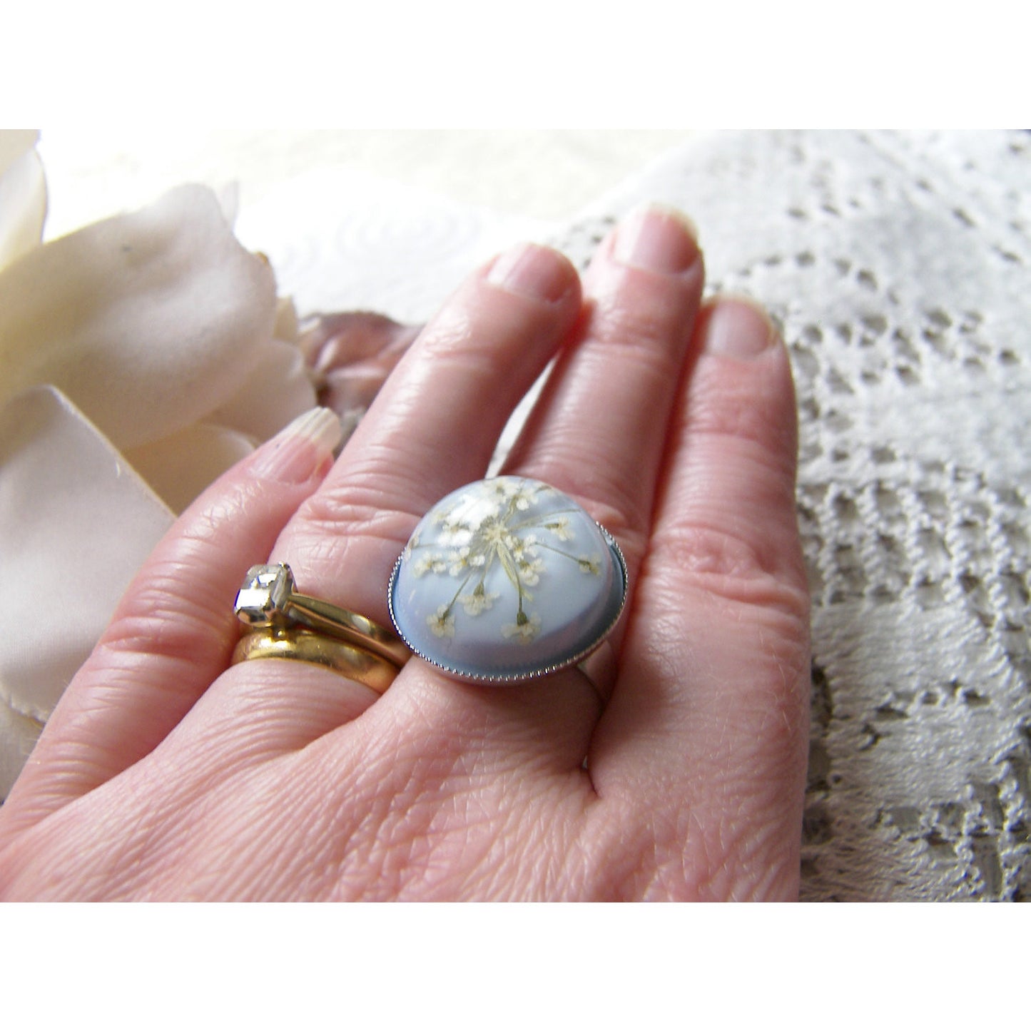 Snowflake Ring, Lace Flower, Pressed Flower Jewelry, Eco Chic, Christmas Gift, Ice Blue
