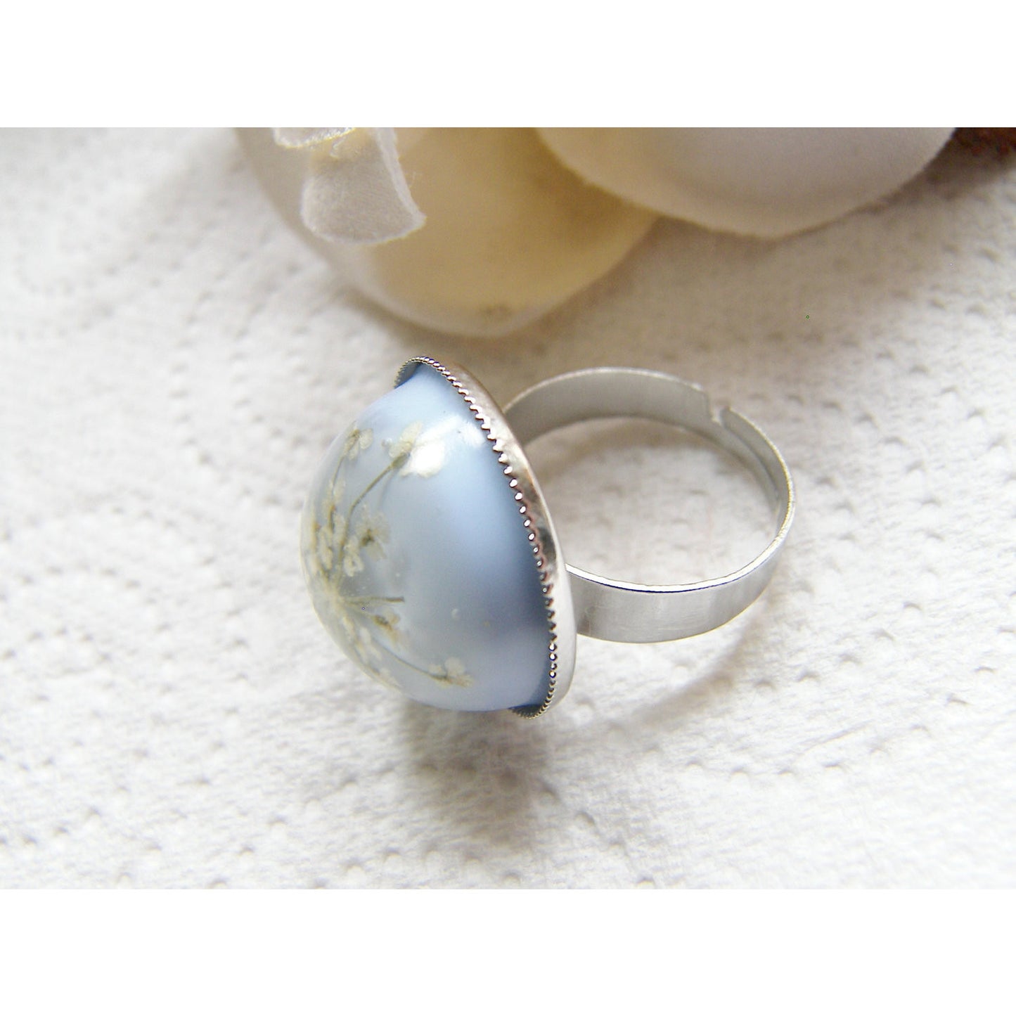 Snowflake Ring, Lace Flower, Pressed Flower Jewelry, Eco Chic, Christmas Gift, Ice Blue