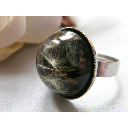Real Dandelion Seeds Ring, Black Resin Ring, Nature Specimen, Make a Wish, Eco Friendly