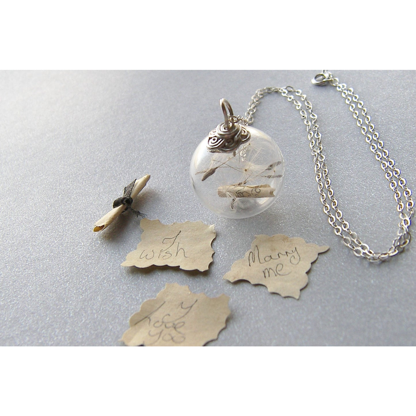 Dandelion Necklace, Message in a Bottle, Handblown Glass