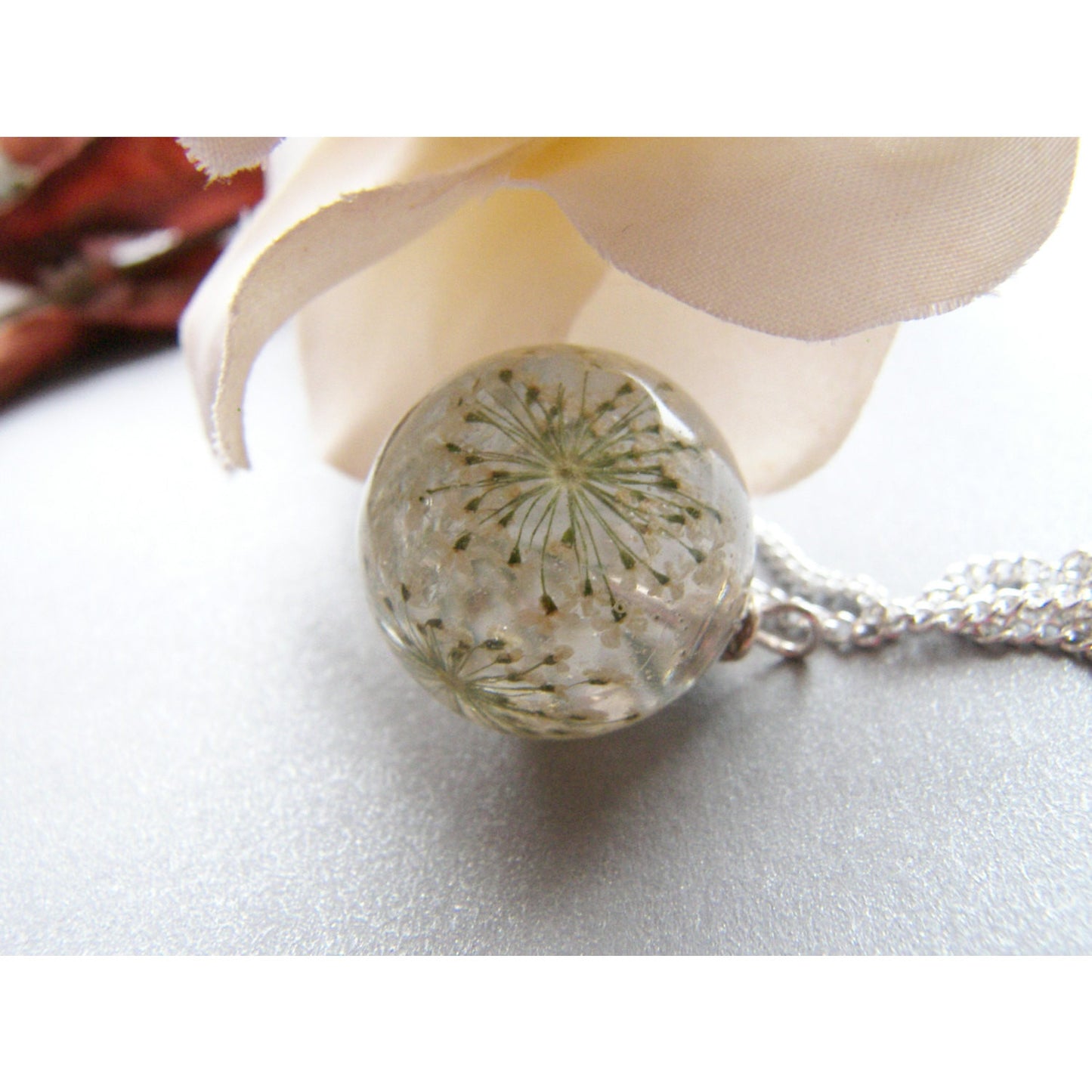 Queen Annes Lace Flower Resin Orb Sphere Necklace, Snowflake, Eco Friendly, Resin Globe Necklace, Gift for Women