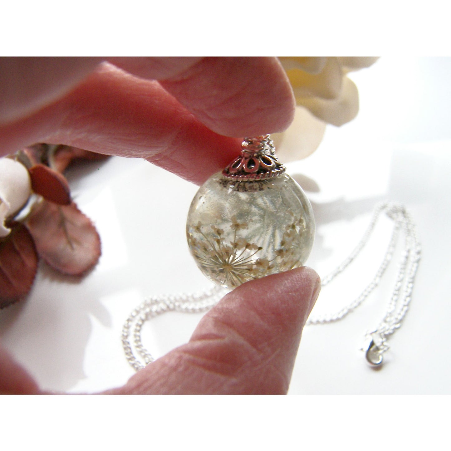Queen Annes Lace Flower Resin Orb Sphere Necklace, Snowflake, Eco Friendly, Resin Globe Necklace, Gift for Women