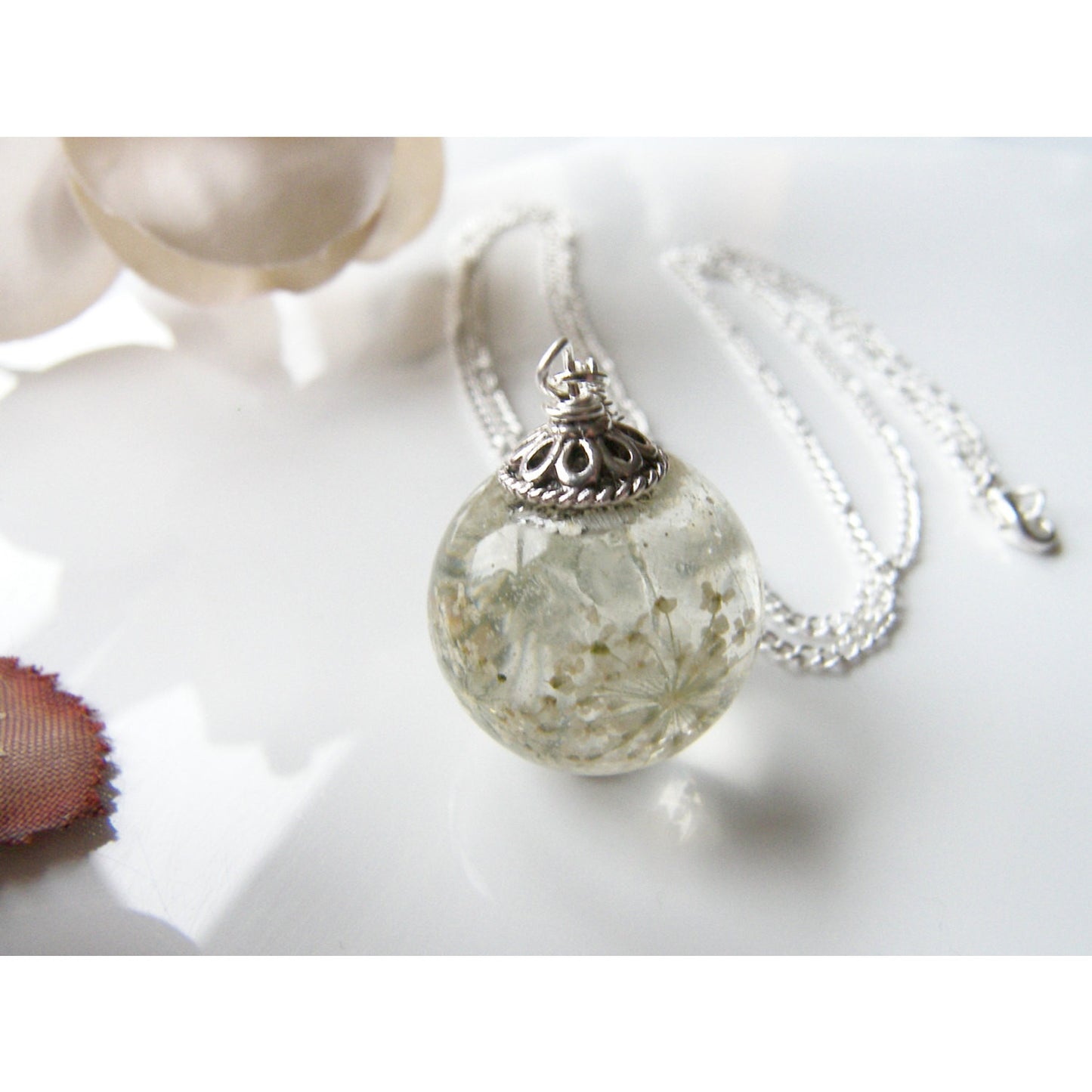 Queen Annes Lace Flower Resin Orb Sphere Necklace, Snowflake, Eco Friendly, Resin Globe Necklace, Gift for Women
