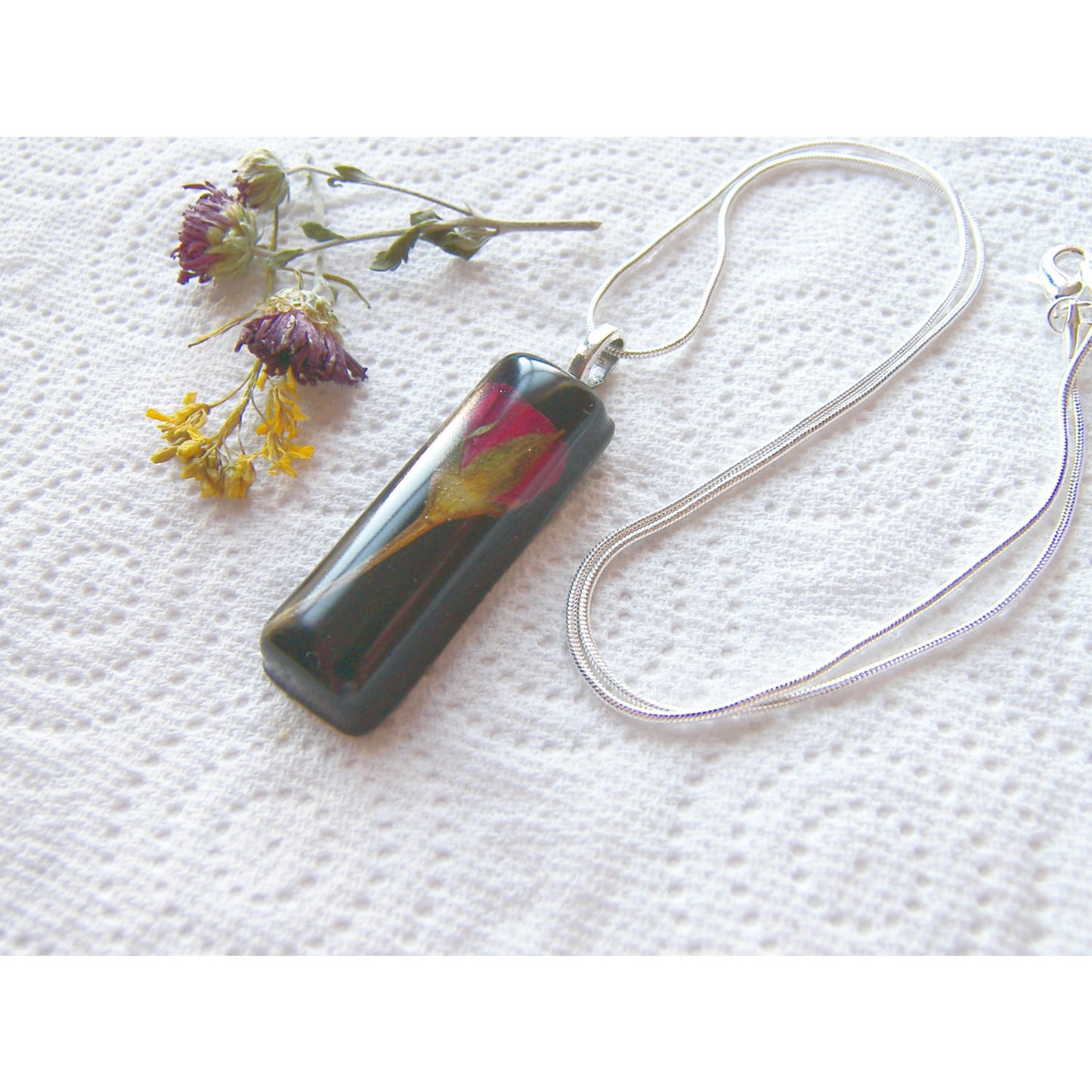 Red Rose Pendant, Real Flower, Botanical Necklace, Nature, Eco Friendly, Black Resin