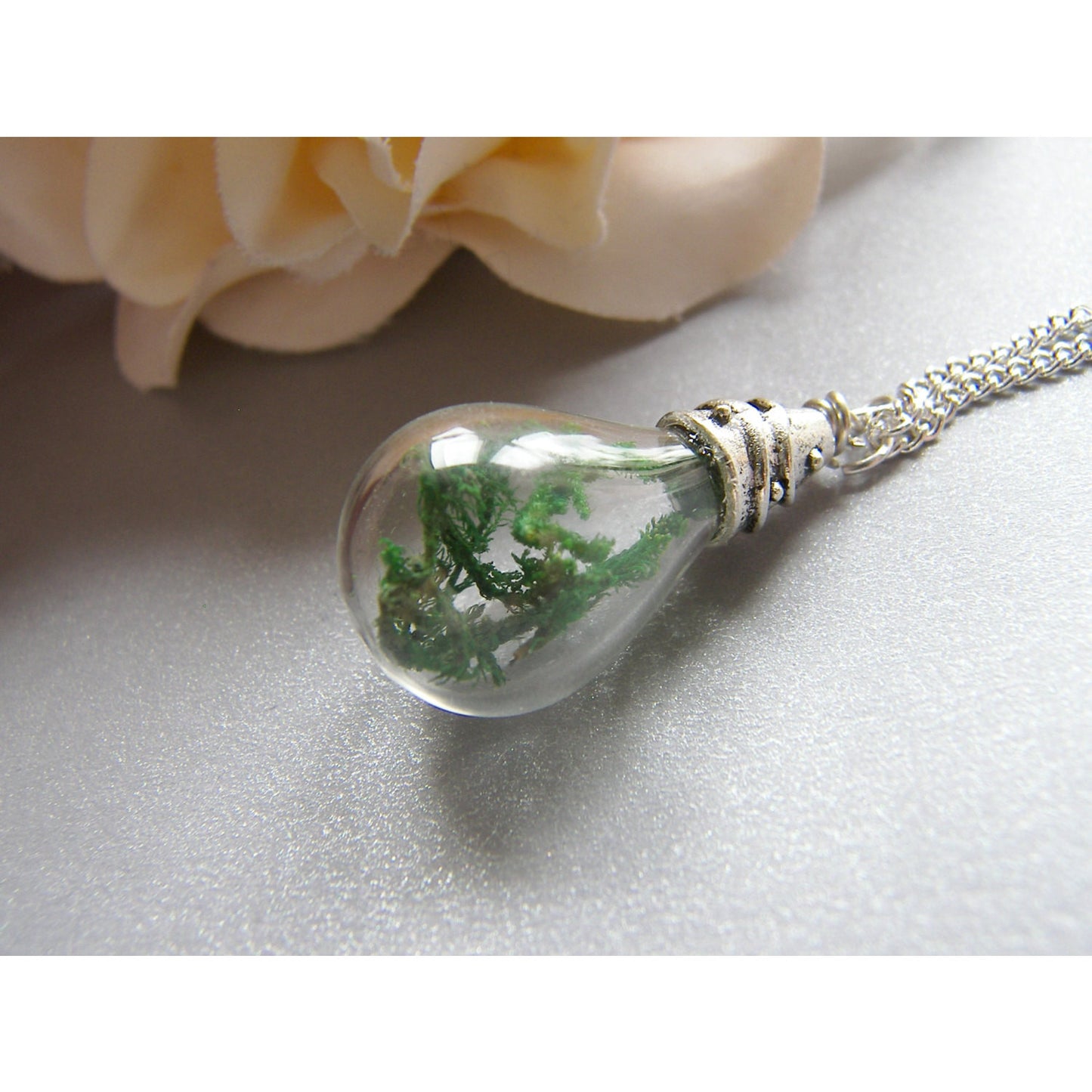 Moss Botanical Necklace, Handblown Glass, Teardrop Necklace, Bridesmaid Jewelry