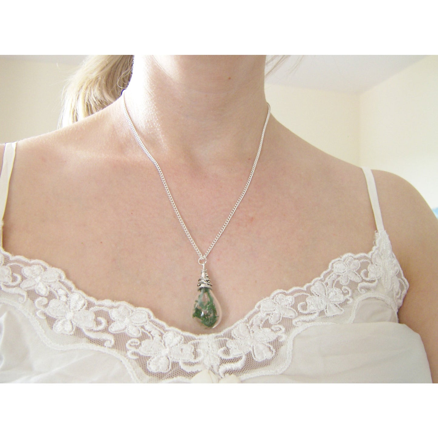 Moss Botanical Necklace, Handblown Glass, Teardrop Necklace, Bridesmaid Jewelry