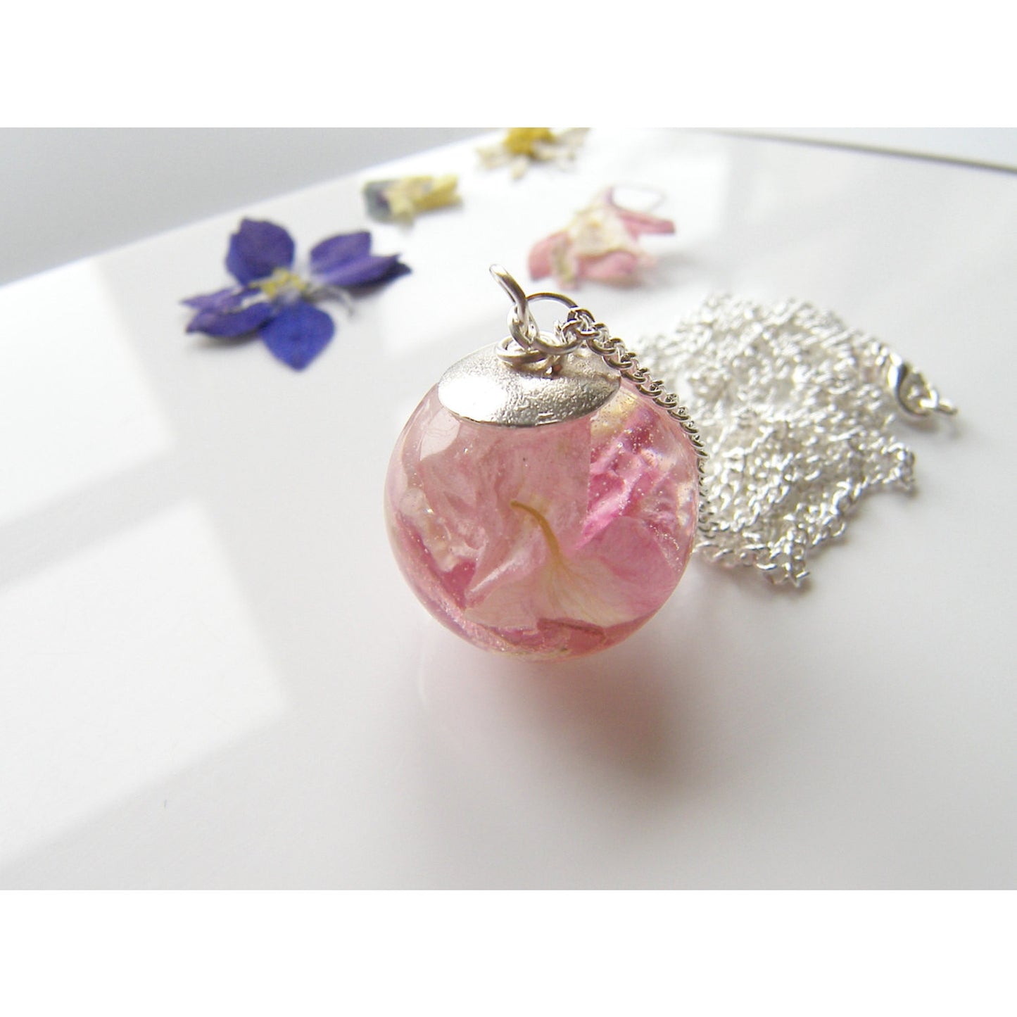 Pink Larkspur Petal Resin Necklace