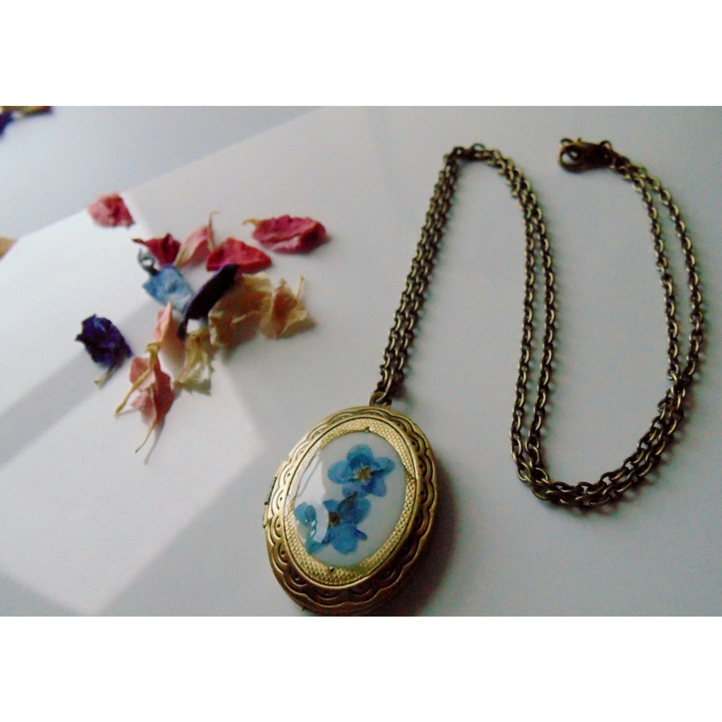 Vintage Brass Locket with Forget Me Nots, Brass Locket, Forget Me Not Necklace