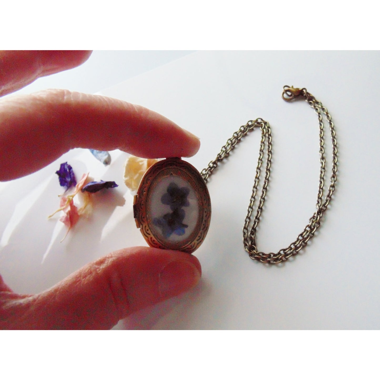 Vintage Brass Locket with Forget Me Nots, Brass Locket, Forget Me Not Necklace