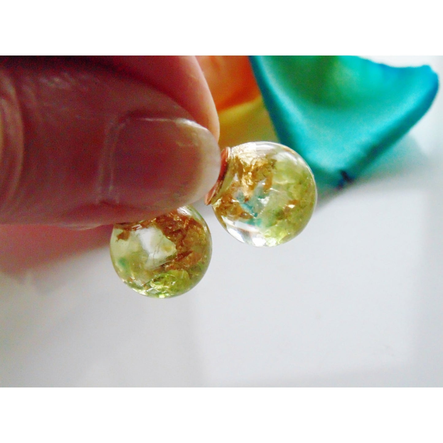 Peridot Earrings, Natural Peridot with Gold Flakes, Stud Orb, August Birthstone, Eco Resin Orbs, Eco Resin, Jewelry for Women, Gift for Her