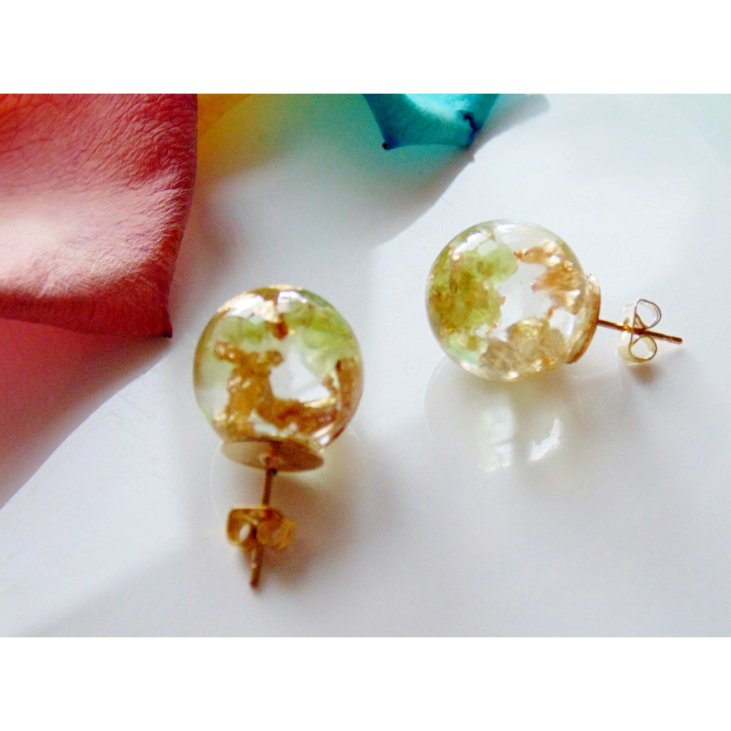 Peridot Earrings, Natural Peridot with Gold Flakes, Stud Orb, August Birthstone, Eco Resin Orbs, Eco Resin, Jewelry for Women, Gift for Her