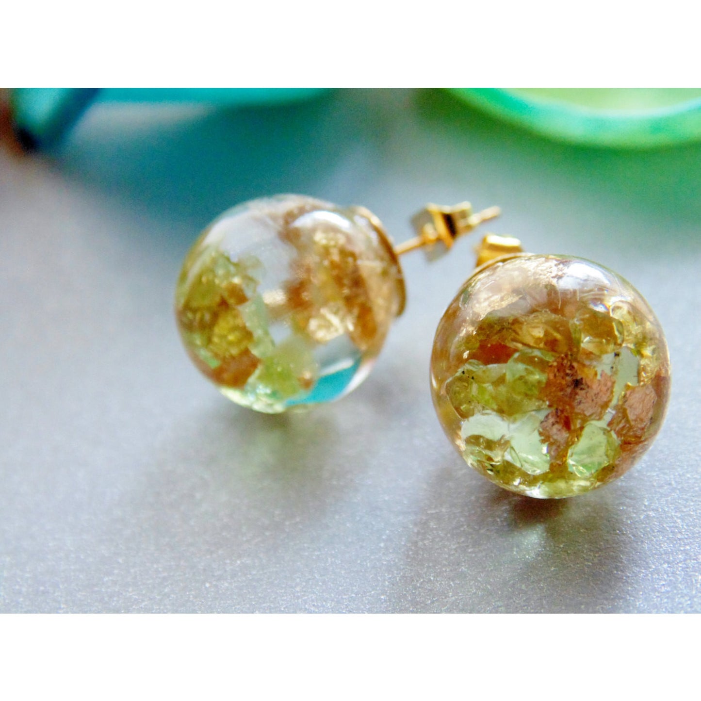 Peridot Earrings, Natural Peridot with Gold Flakes, Stud Orb, August Birthstone, Eco Resin Orbs, Eco Resin, Jewelry for Women, Gift for Her
