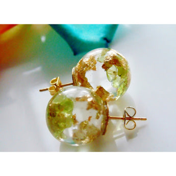 Peridot Earrings, Natural Peridot with Gold Flakes, Stud Orb, August Birthstone, Eco Resin Orbs, Eco Resin, Jewelry for Women, Gift for Her