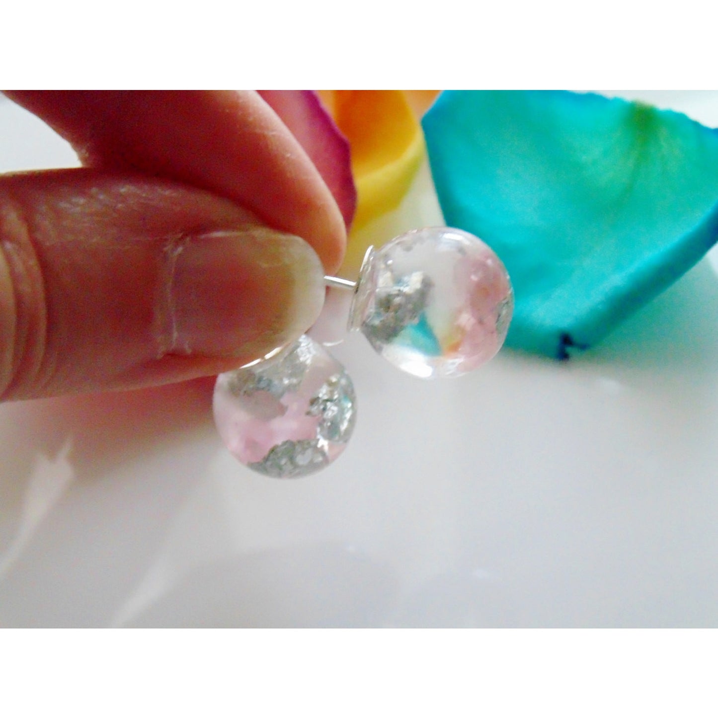 Rose Quartz Earrings, Natural Rose Quartz with Silver Flakes, Stud Orb Earrings, Handmade by Wishes on the Wind