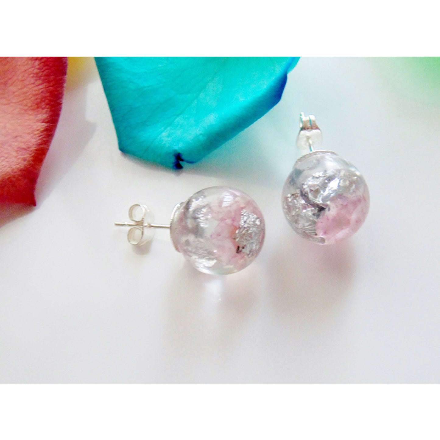 Rose Quartz Earrings, Natural Rose Quartz with Silver Flakes, Stud Orb Earrings, Handmade by Wishes on the Wind