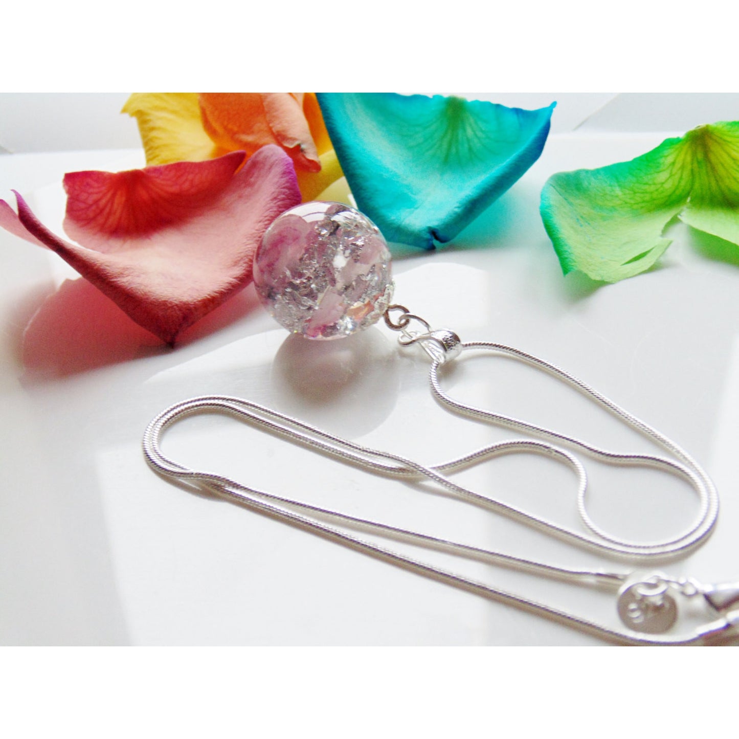 Rose Quartz with Silver Flake Resin Pendant, Resin Orb Necklace, Rose Quartz, Gemstone Pendant