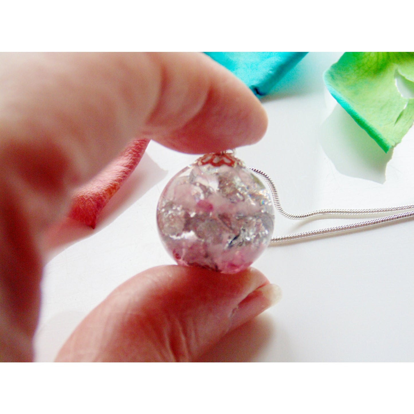 Rose Quartz with Silver Flake Resin Pendant, Resin Orb Necklace, Rose Quartz, Gemstone Pendant