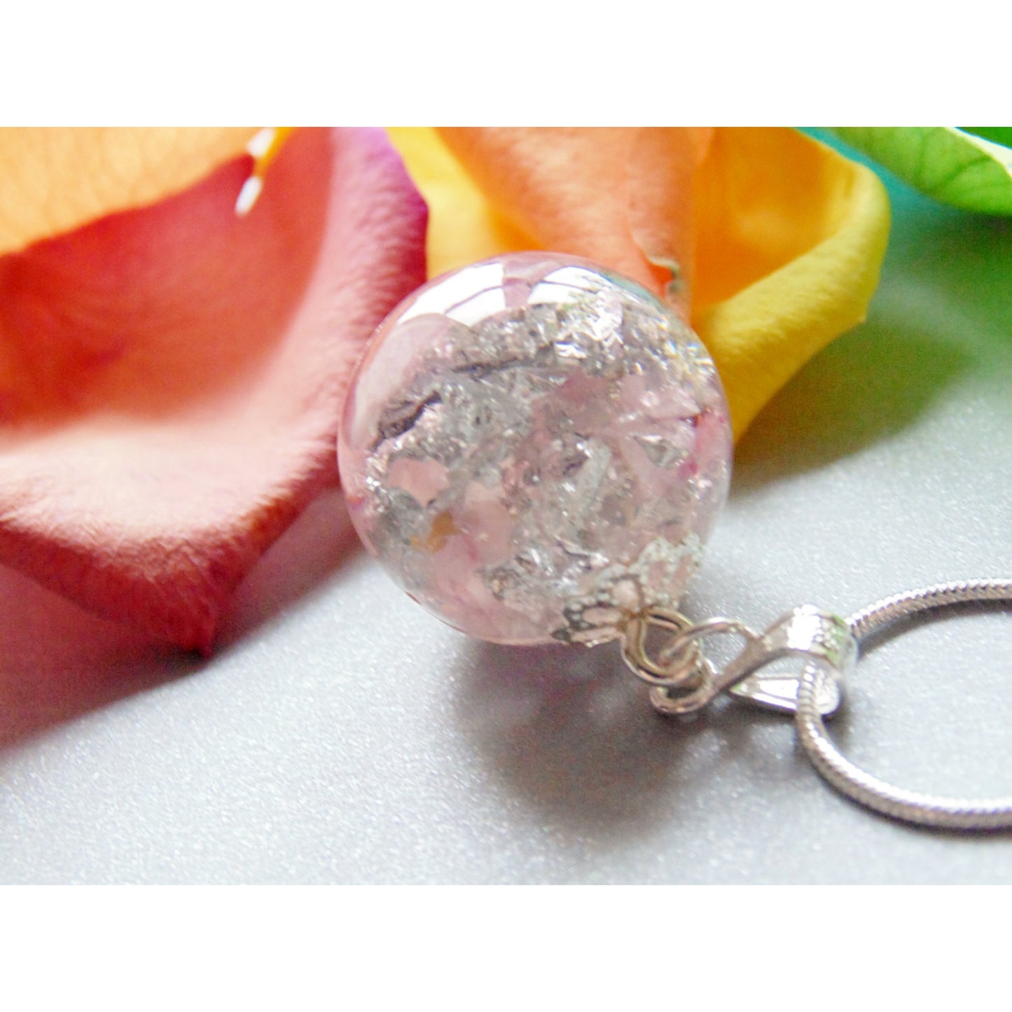 Rose Quartz with Silver Flake Resin Pendant, Resin Orb Necklace, Rose Quartz, Gemstone Pendant