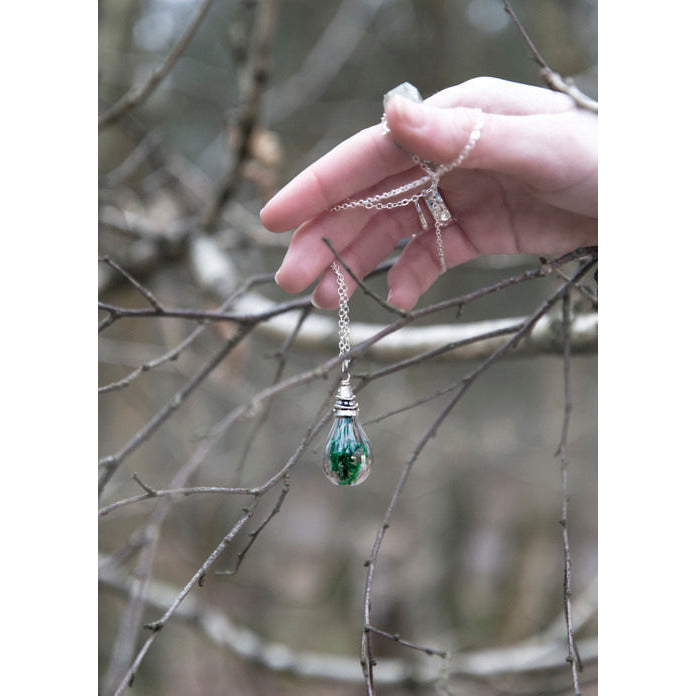 Moss Botanical Necklace, Handblown Glass, Teardrop Necklace, Bridesmaid Jewelry