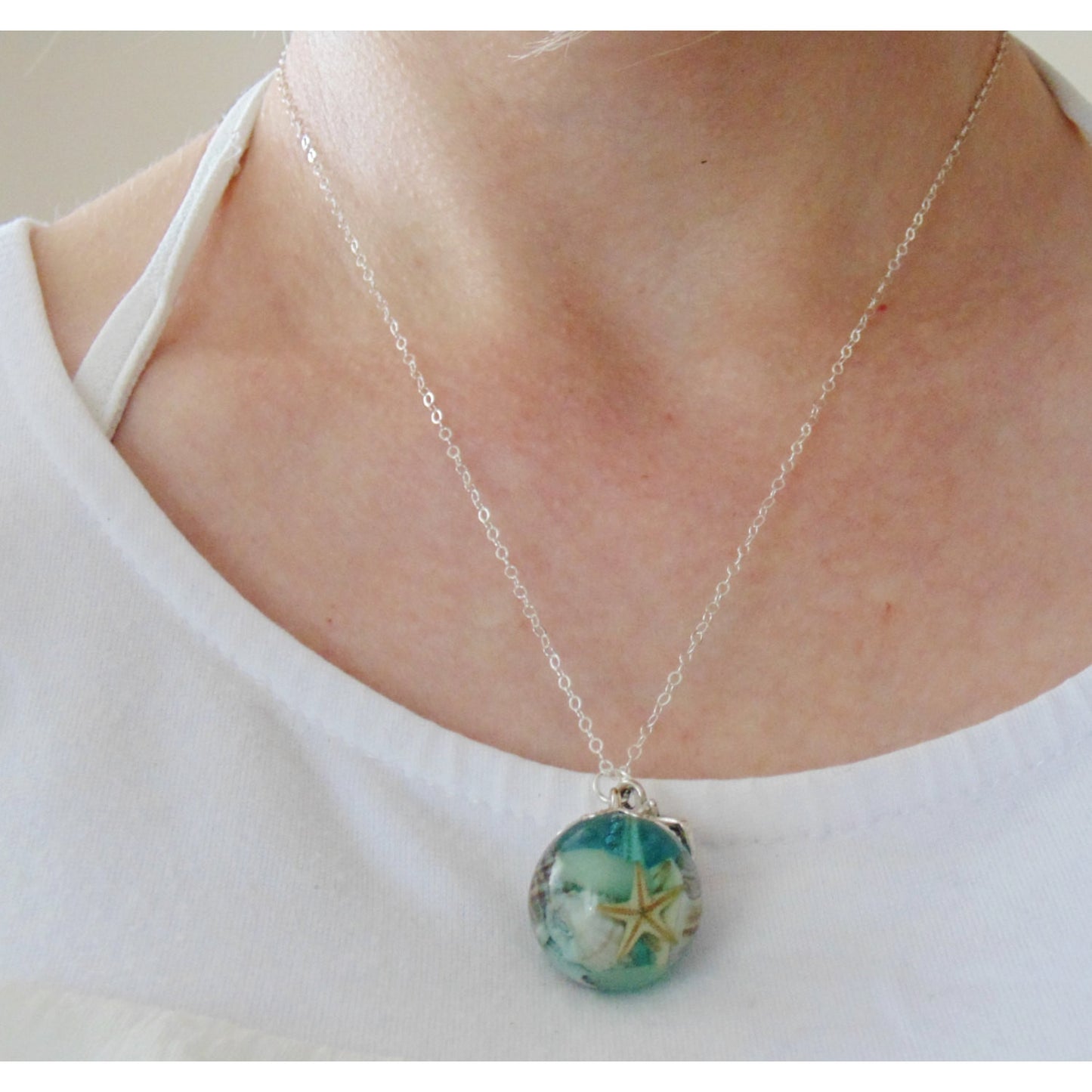 Starfish Necklace, Seaside Pendant, Summer, Beach, Mermaid Necklace, Seashells, Aqua
