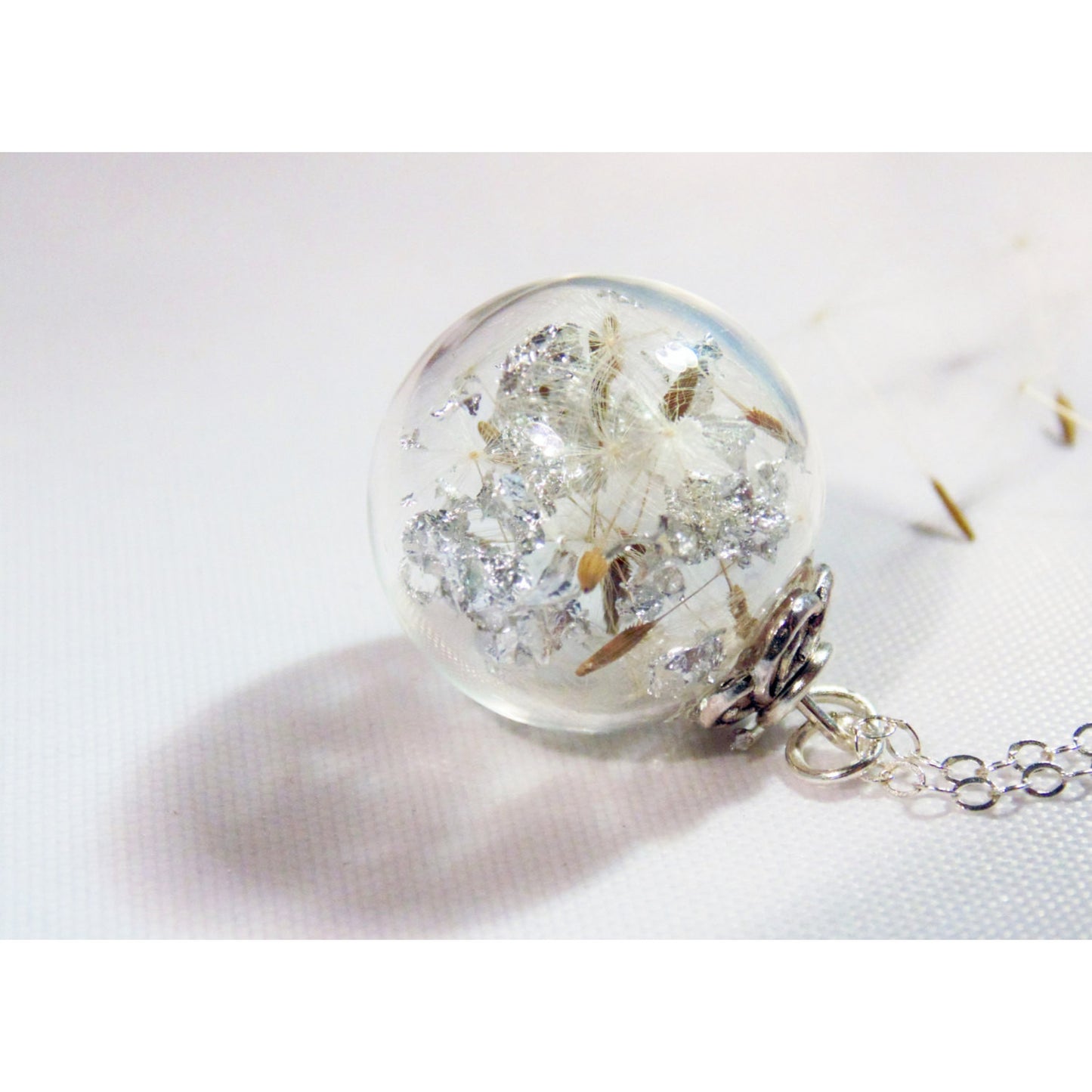 Real Dandelion Necklace, Make a Wish, Blown Glass Bead, Sparkle Globe, Christmas Gift