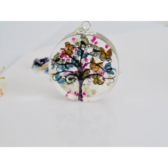Butterfly Necklace, Tree Necklace, Faraway Tree, Tree Silhouette Pendant, Spring Tree, Real Flower Jewelry, Gift for Her