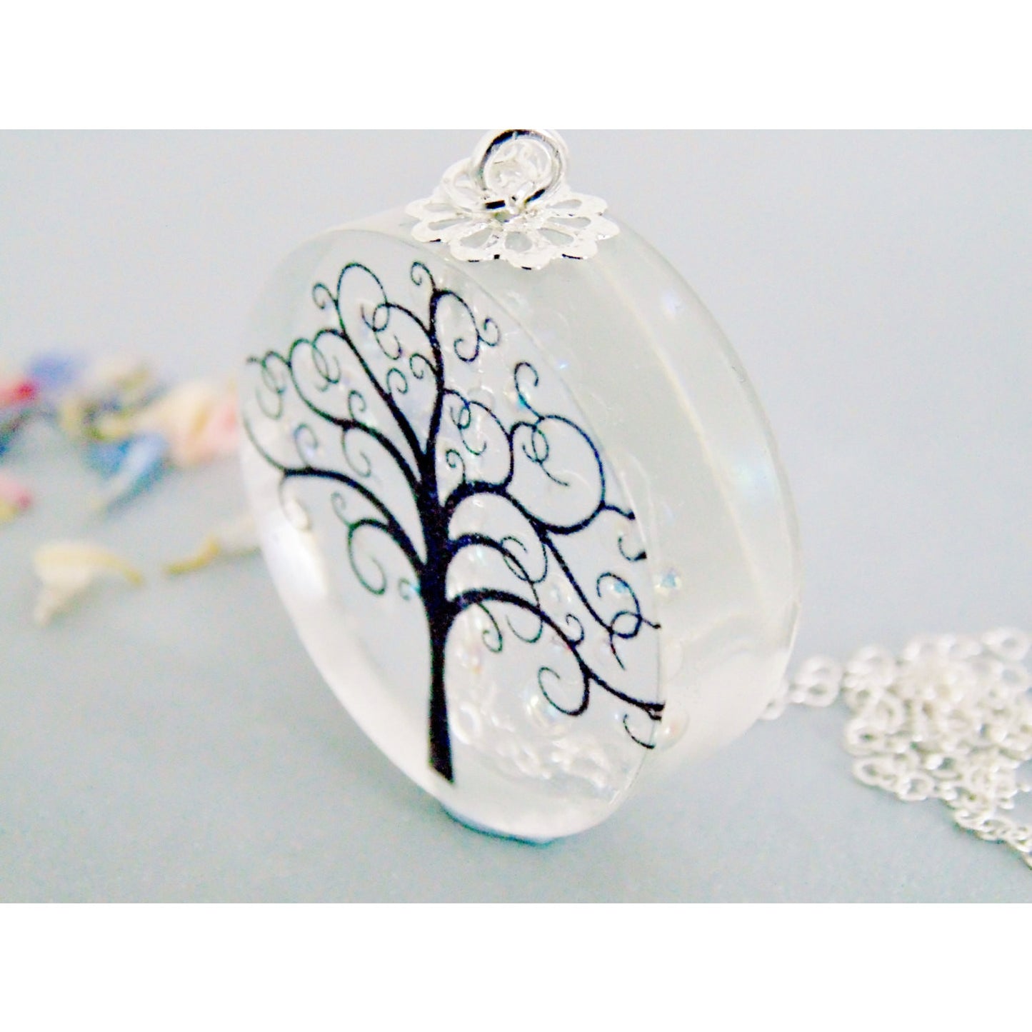 Winter Tree Necklace, Dewdrops Raindrop Resin Pendant