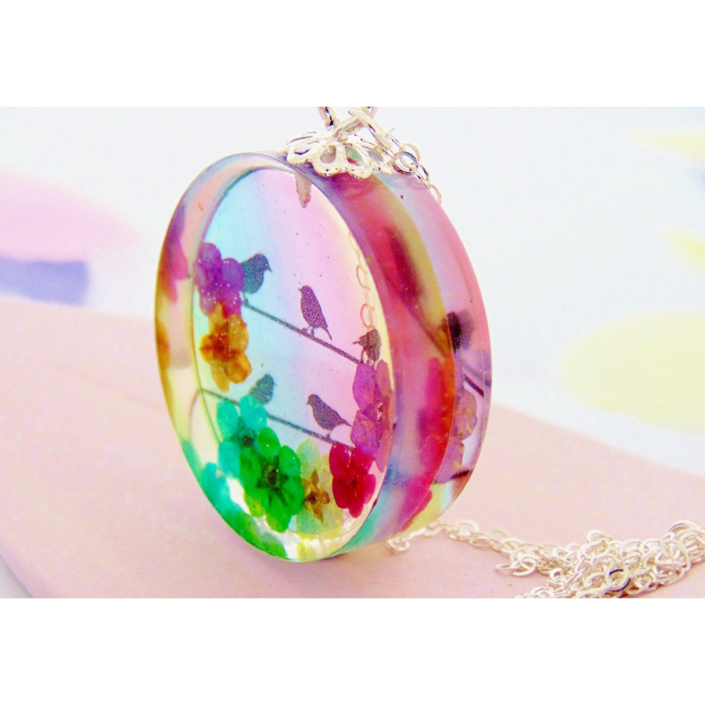 Bird Necklace, Birds on a Wire Necklace, Bird Pendant, Bird Jewelry, Gift for Her, Real Flower Necklace