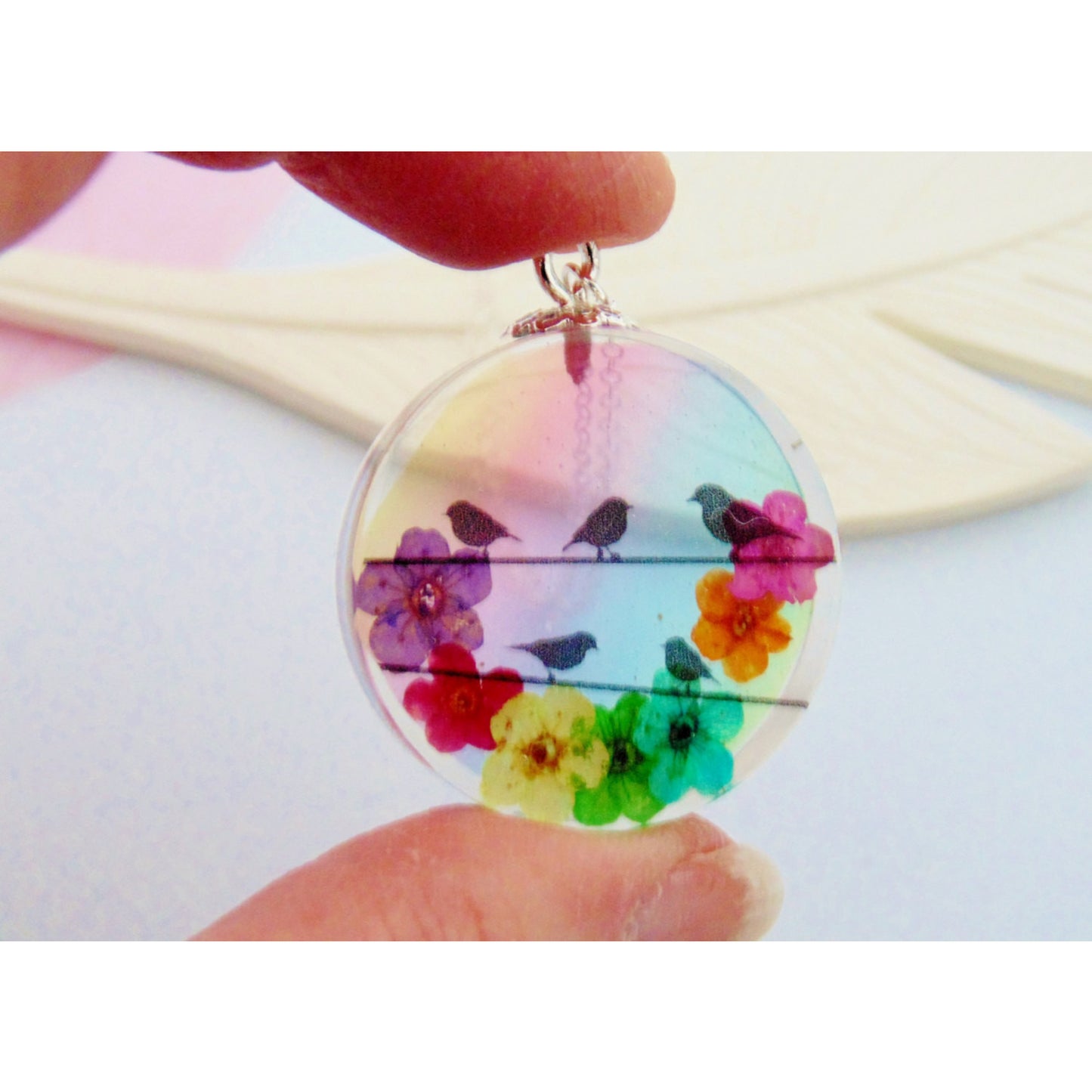 Bird Necklace, Birds on a Wire Necklace, Bird Pendant, Bird Jewelry, Gift for Her, Real Flower Necklace