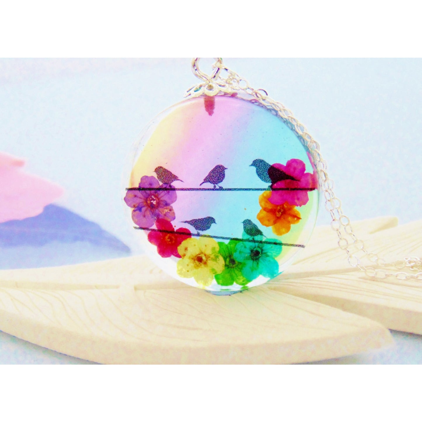 Bird Necklace, Birds on a Wire Necklace, Bird Pendant, Bird Jewelry, Gift for Her, Real Flower Necklace