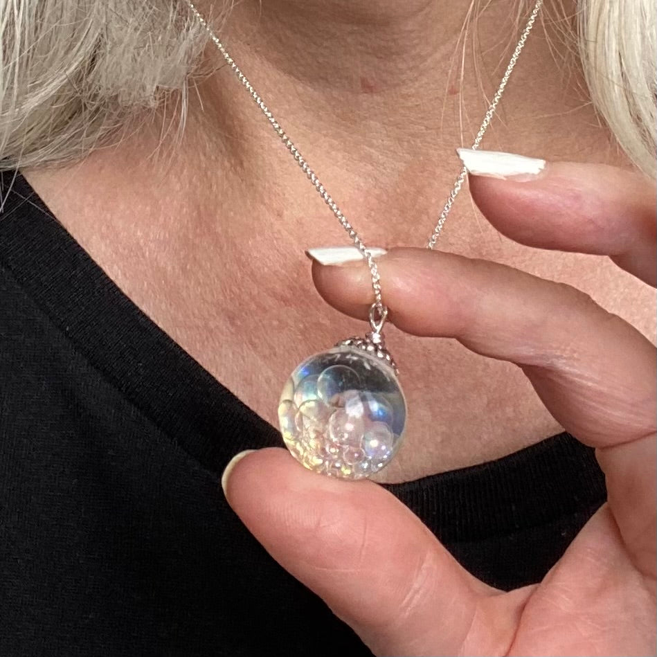 Fairy Necklace, Resin Sphere With Magical Fairy Beads, Rainbow Bubble Necklace