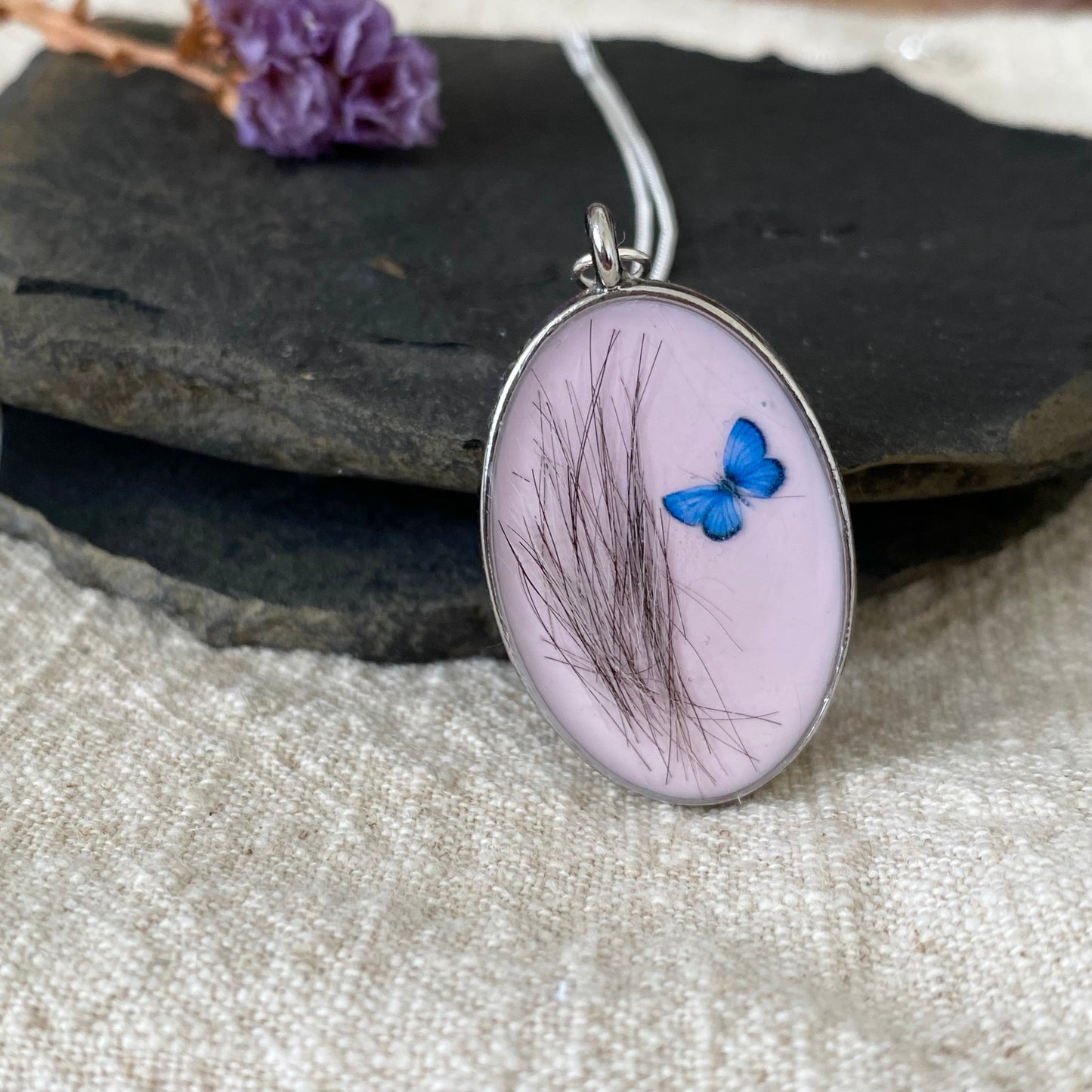 Pet Fur Keepsake Necklace | Blue Butterfly Memorial Pendant