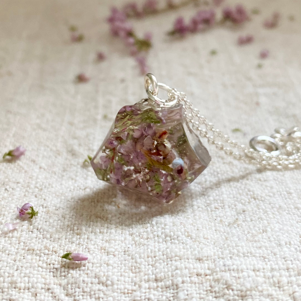 Scottish Heather Prism Necklace, Real Flower Jewellery