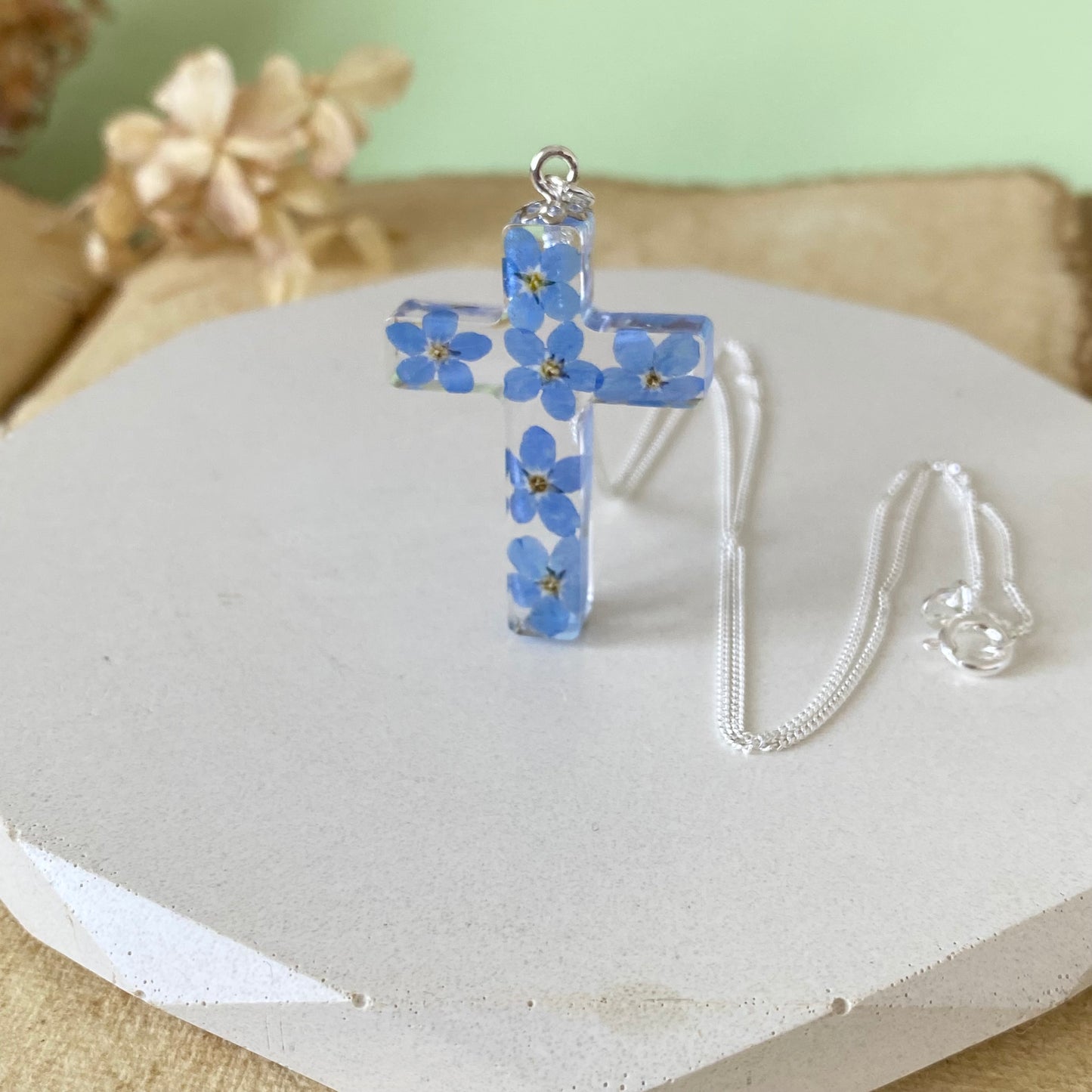 Forget-Me-Not Cross of Remembrance | Real Flower Necklace