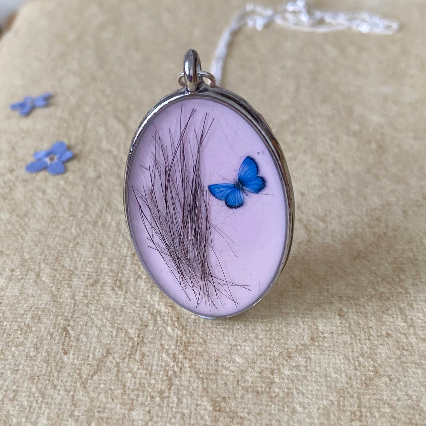 Pet Fur Keepsake Necklace | Blue Butterfly Memorial Pendant