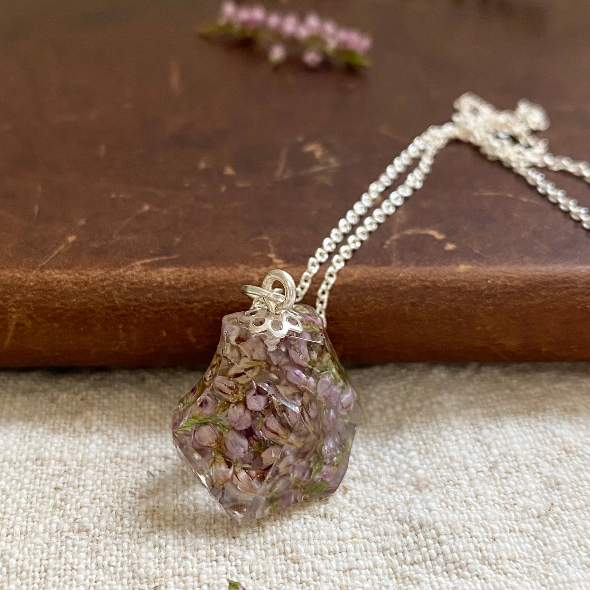 Scottish Heather Prism Necklace, Real Flower Jewellery