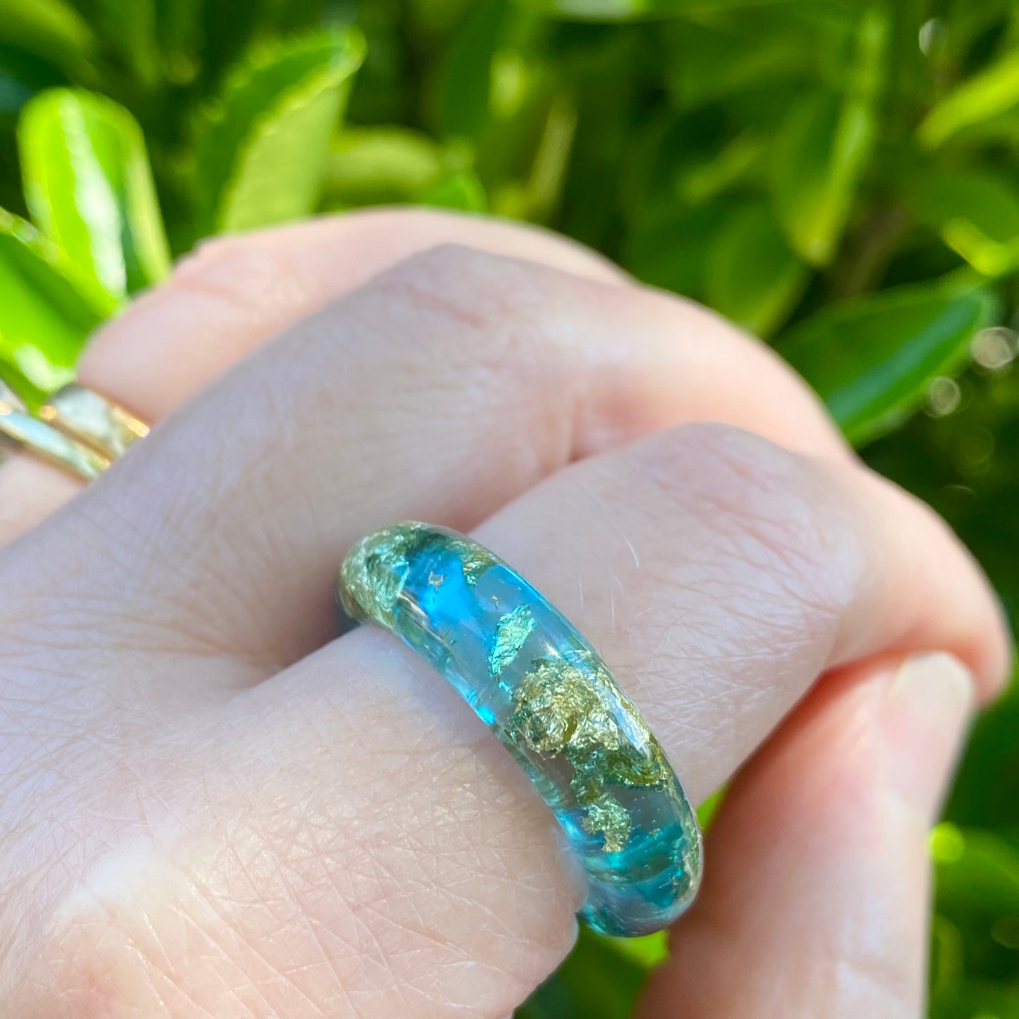 Rock Pool Aqua Resin Ring | Handmade in Scotland | Ocean Blue & Gold Leaf