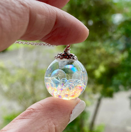 Fairy Necklace, Resin Sphere With Magical Fairy Beads, Rainbow Bubble Necklace
