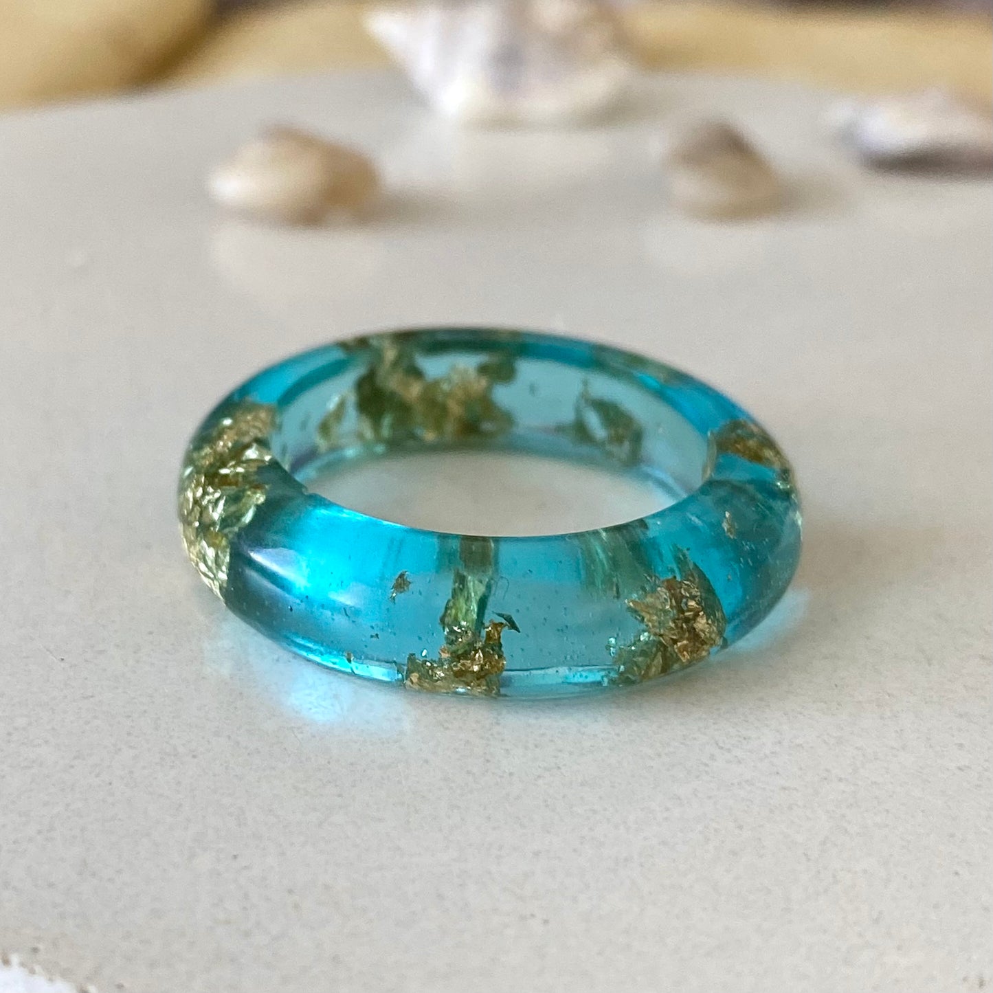 Rock Pool Aqua Resin Ring | Handmade in Scotland | Ocean Blue & Gold Leaf