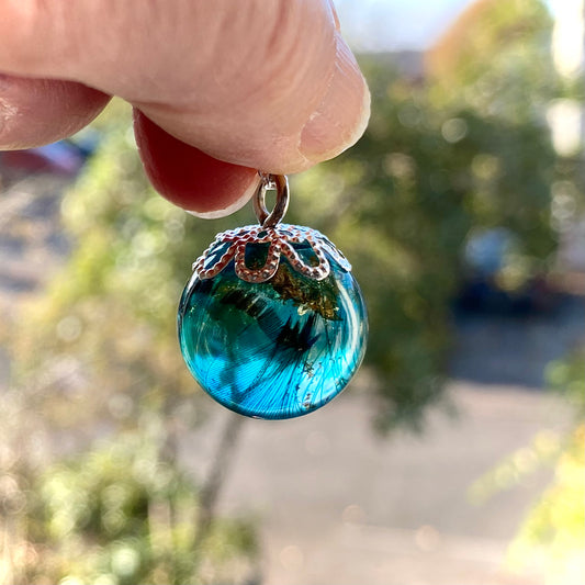 Peacock Feather Necklace – Teal & Gold Leaf on Sterling Silver Chain