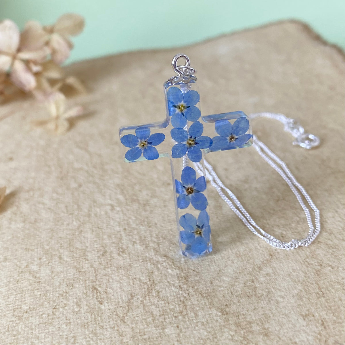 Forget-Me-Not Cross of Remembrance | Real Flower Necklace