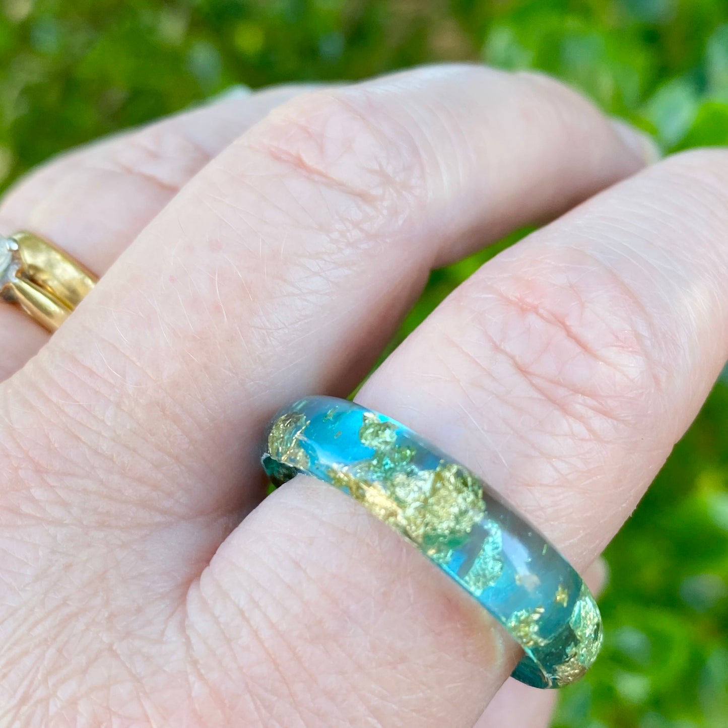 Rock Pool Aqua Resin Ring | Handmade in Scotland | Ocean Blue & Gold Leaf