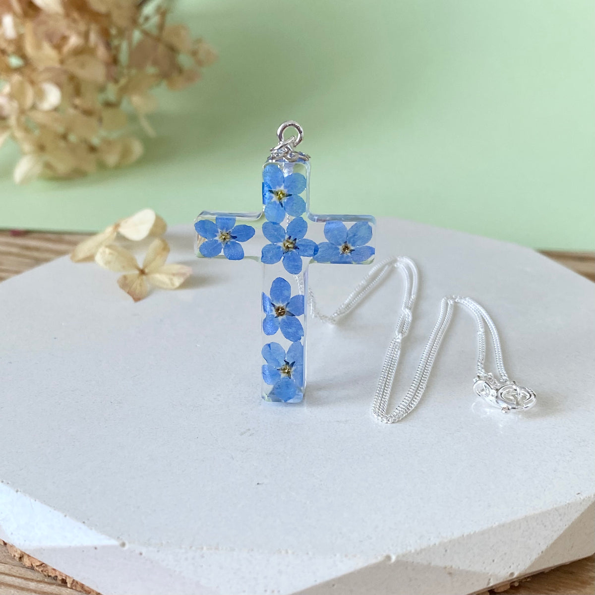 Forget-Me-Not Cross of Remembrance | Real Flower Necklace