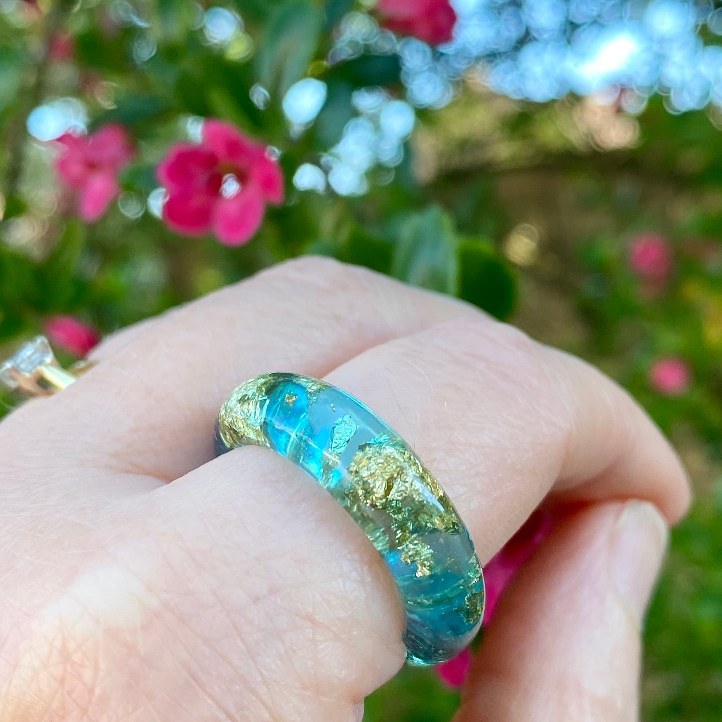 Rock Pool Aqua Resin Ring | Handmade in Scotland | Ocean Blue & Gold Leaf