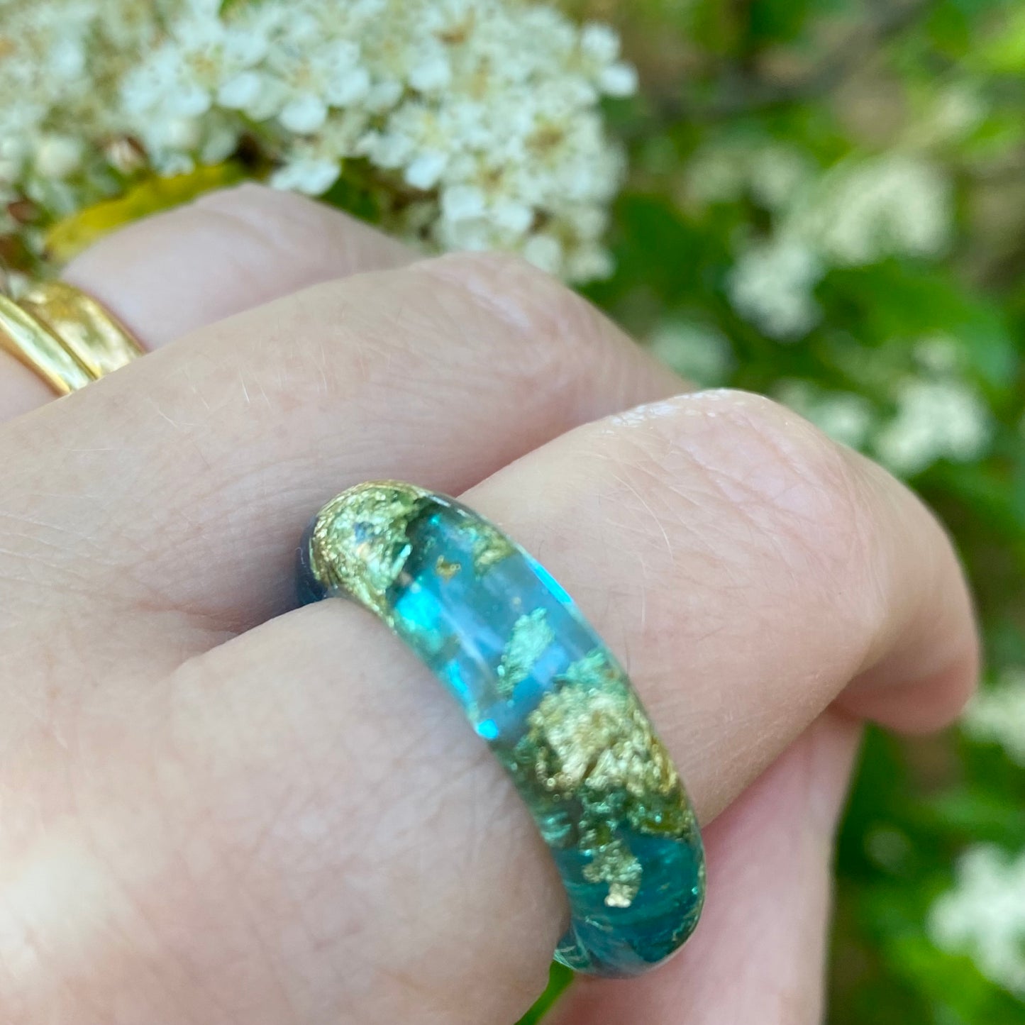 Rock Pool Aqua Resin Ring | Handmade in Scotland | Ocean Blue & Gold Leaf