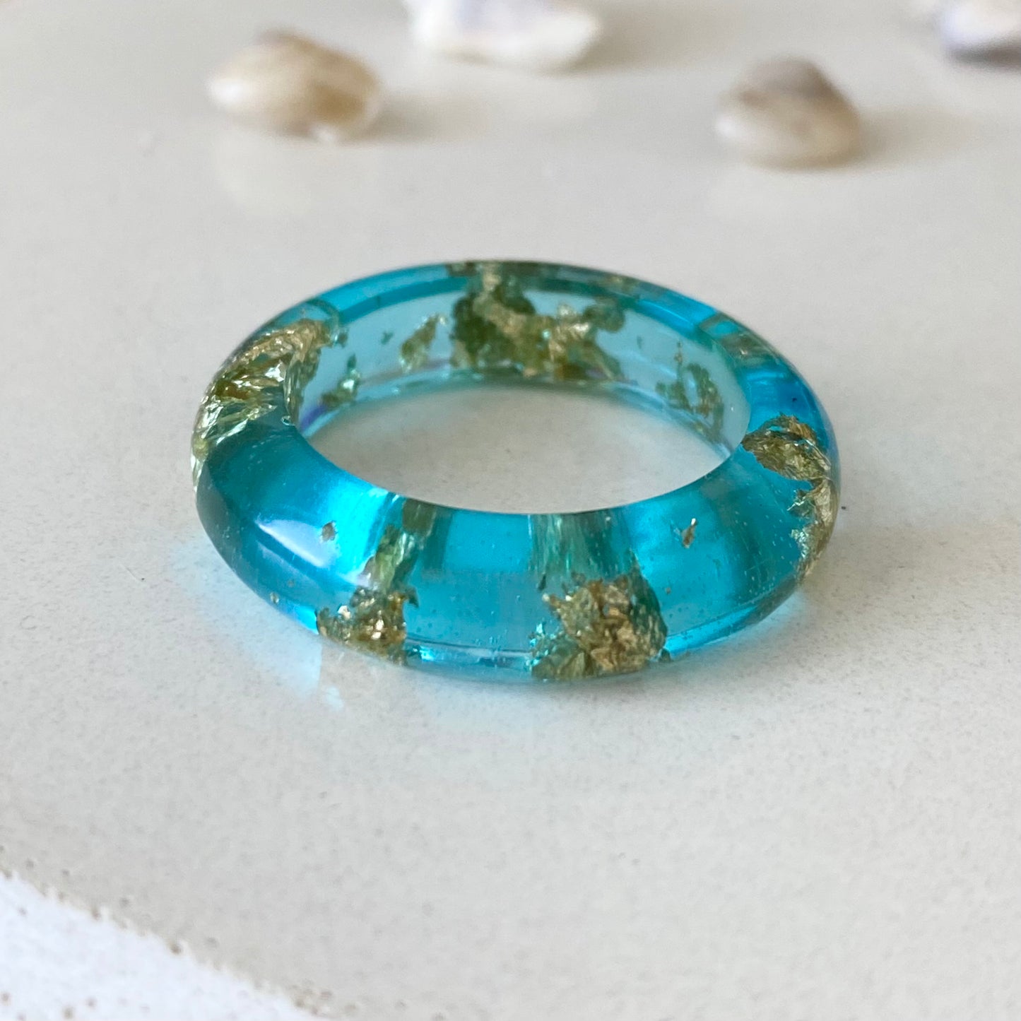 Rock Pool Aqua Resin Ring | Handmade in Scotland | Ocean Blue & Gold Leaf