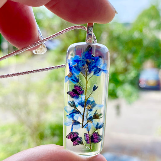 Forget Me Not Butterfly Necklace, Pressed Flower Pendant, Real Flower Jewelry, Christmas Gift