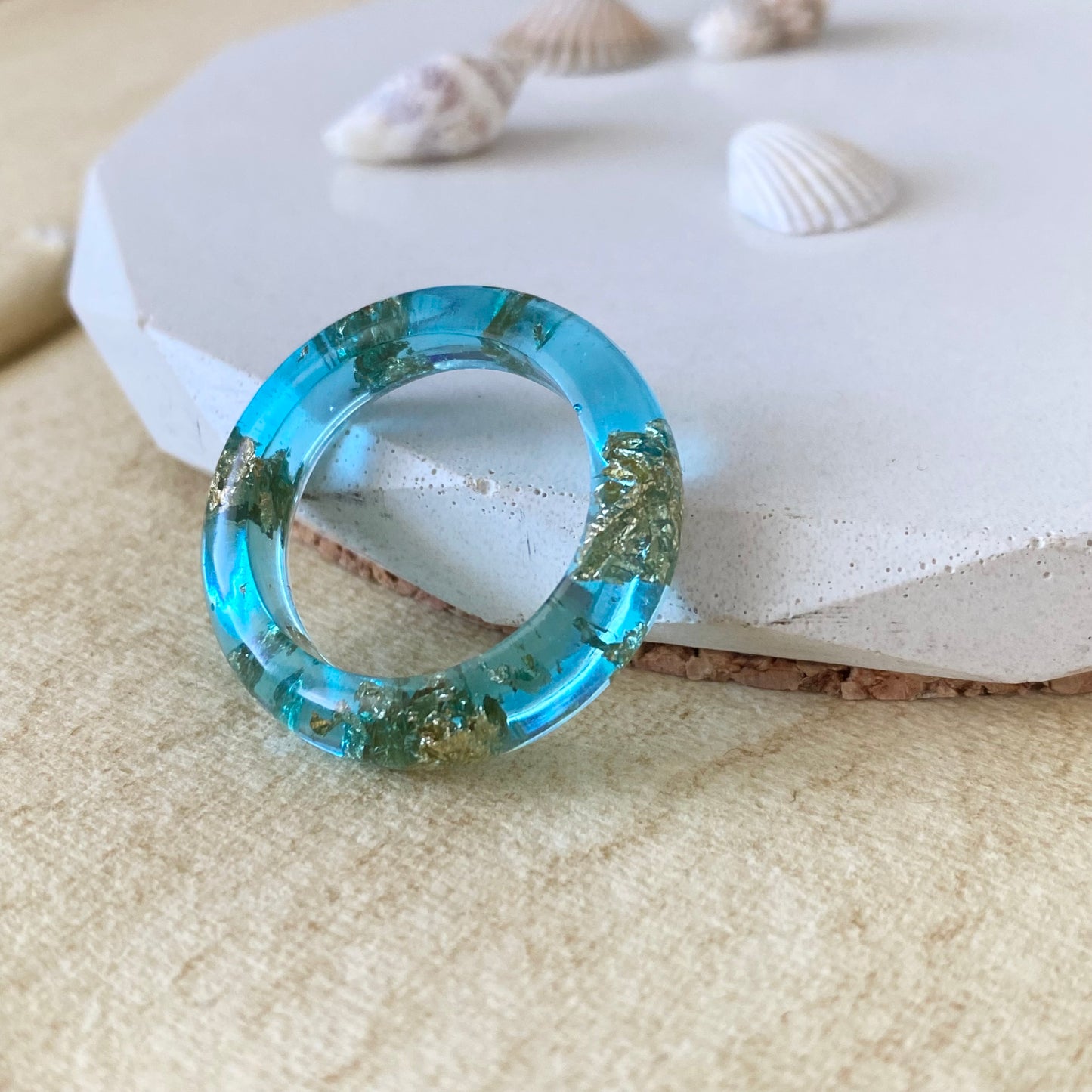 Rock Pool Aqua Resin Ring | Handmade in Scotland | Ocean Blue & Gold Leaf