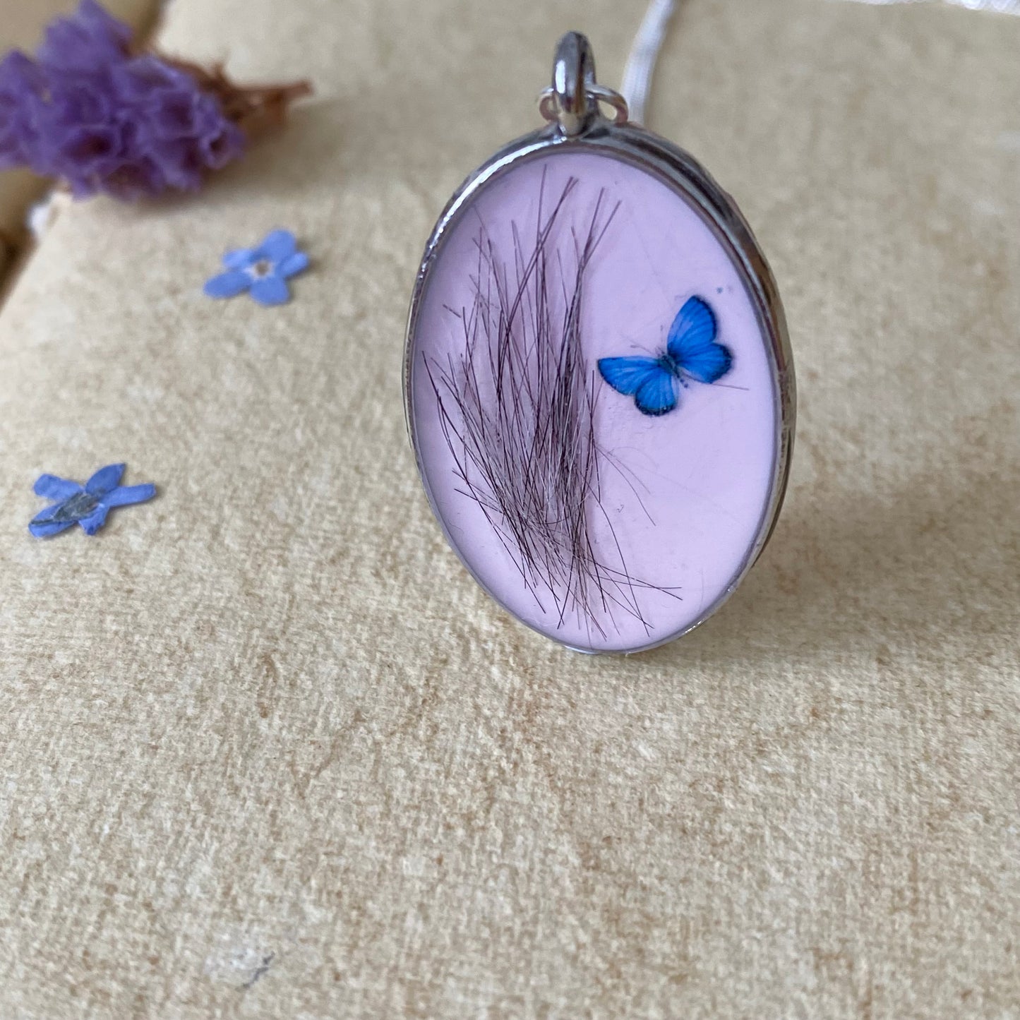 Pet Fur Keepsake Necklace | Blue Butterfly Memorial Pendant